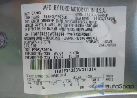 2003 Ford Focus Se z USA, uszkodzony, nr VIN 1FAFP34353W311314